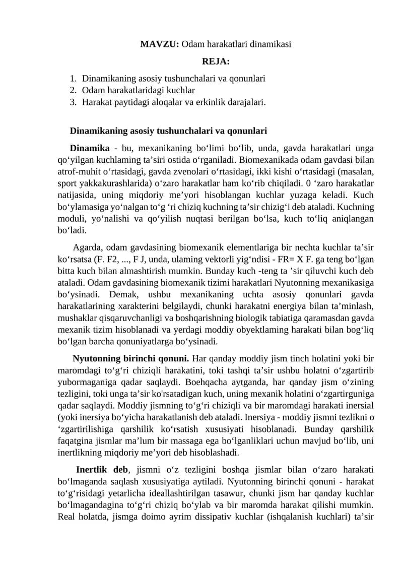 Odam harakatlari dinamikasi