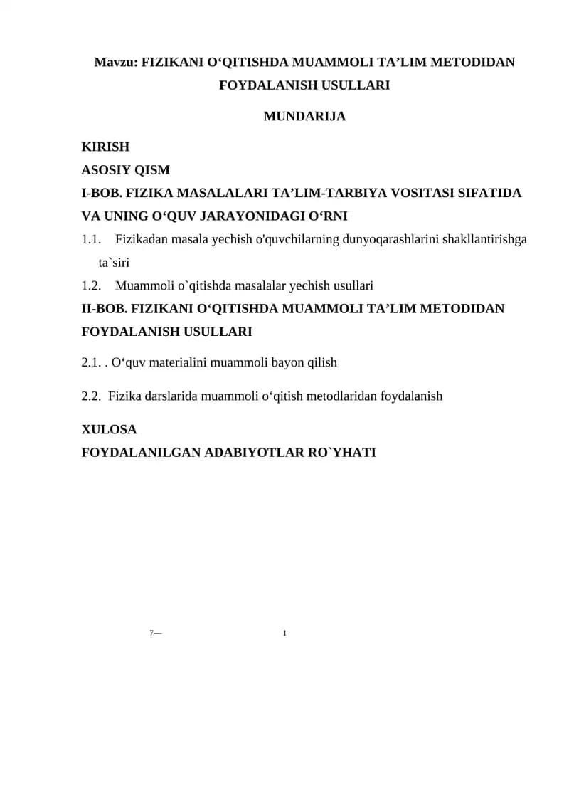 FIZIKANI O‘QITISHDA MUAMMOLI TA’LIM METODIDAN FOYDALANISH USULLARI