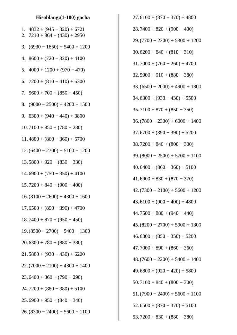 2-4 sinflar uchun misollar 200 ta misol