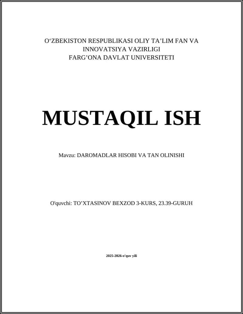 DAROMADLAR HISOBI VA TAN OLINISHI
