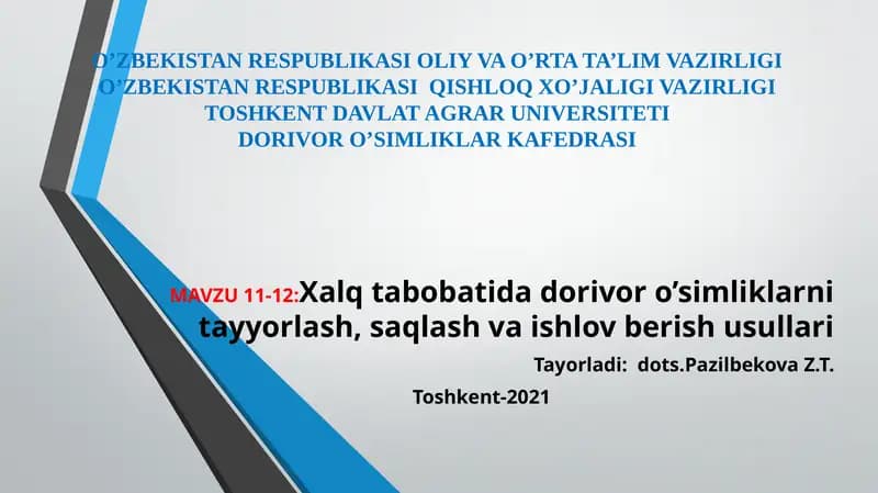 Xalq tabobatida dorivor o’simliklarni tayyorlash, saqlash va ishlov berish usullari