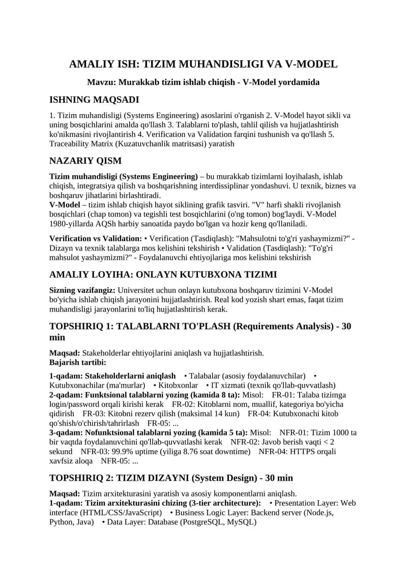 AMALIY ISH: TIZIM MUHANDISLIGI VA V-MODEL