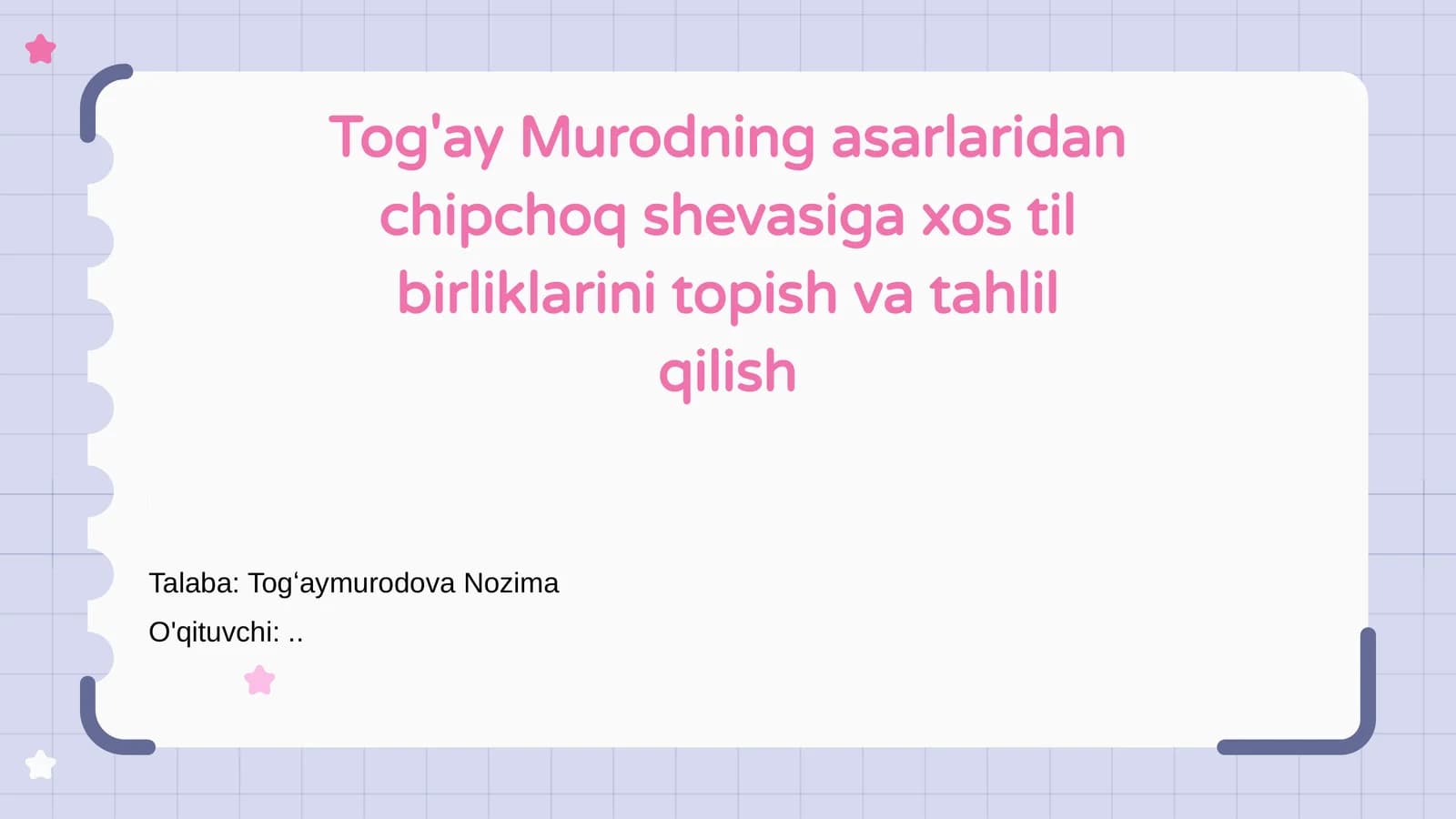 Tog'ay Murodning asarlaridan chipchoq shevasiga xos til birliklarini topish va tahlil qilish