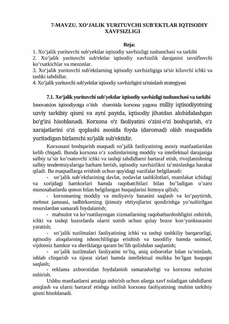 Xo‘jalik Yurituvchi Sub'ektlar Iqtisodiy Xavfsizligi