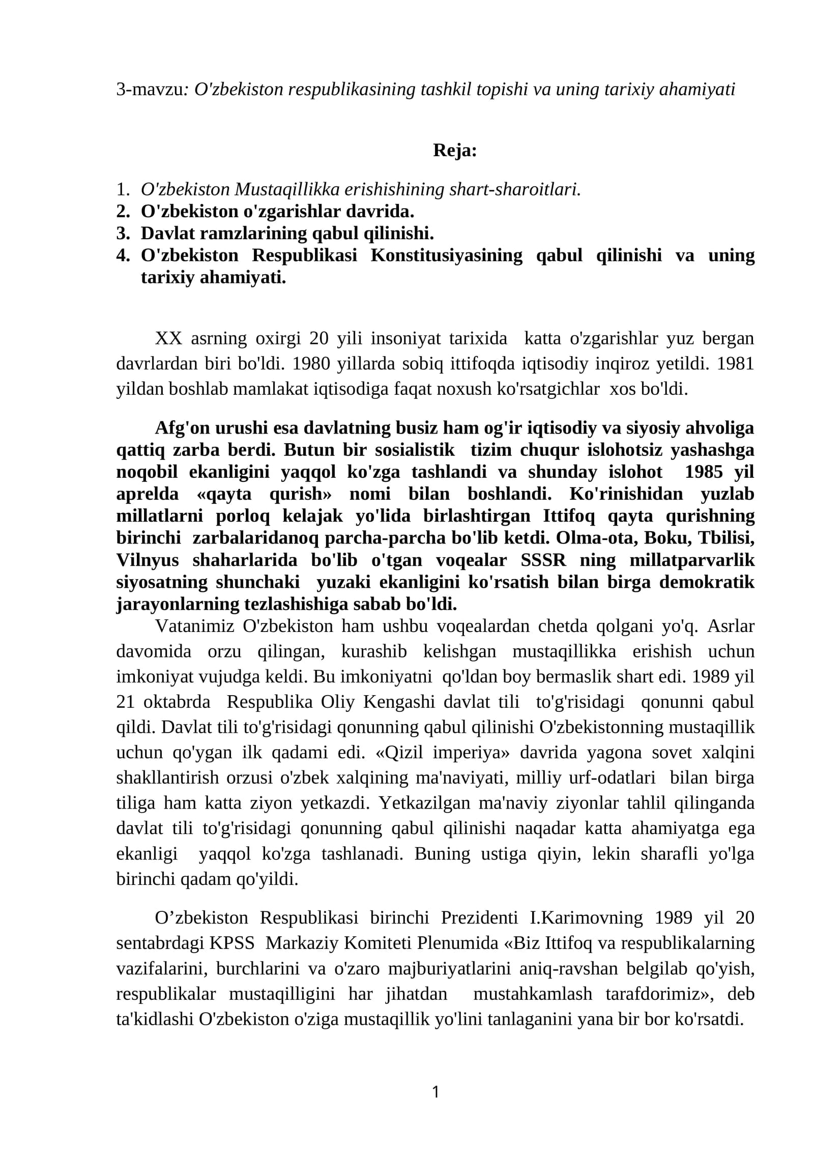 O'zbekiston respublikasining tashkil topishi va uning tarixiy ahamiyati