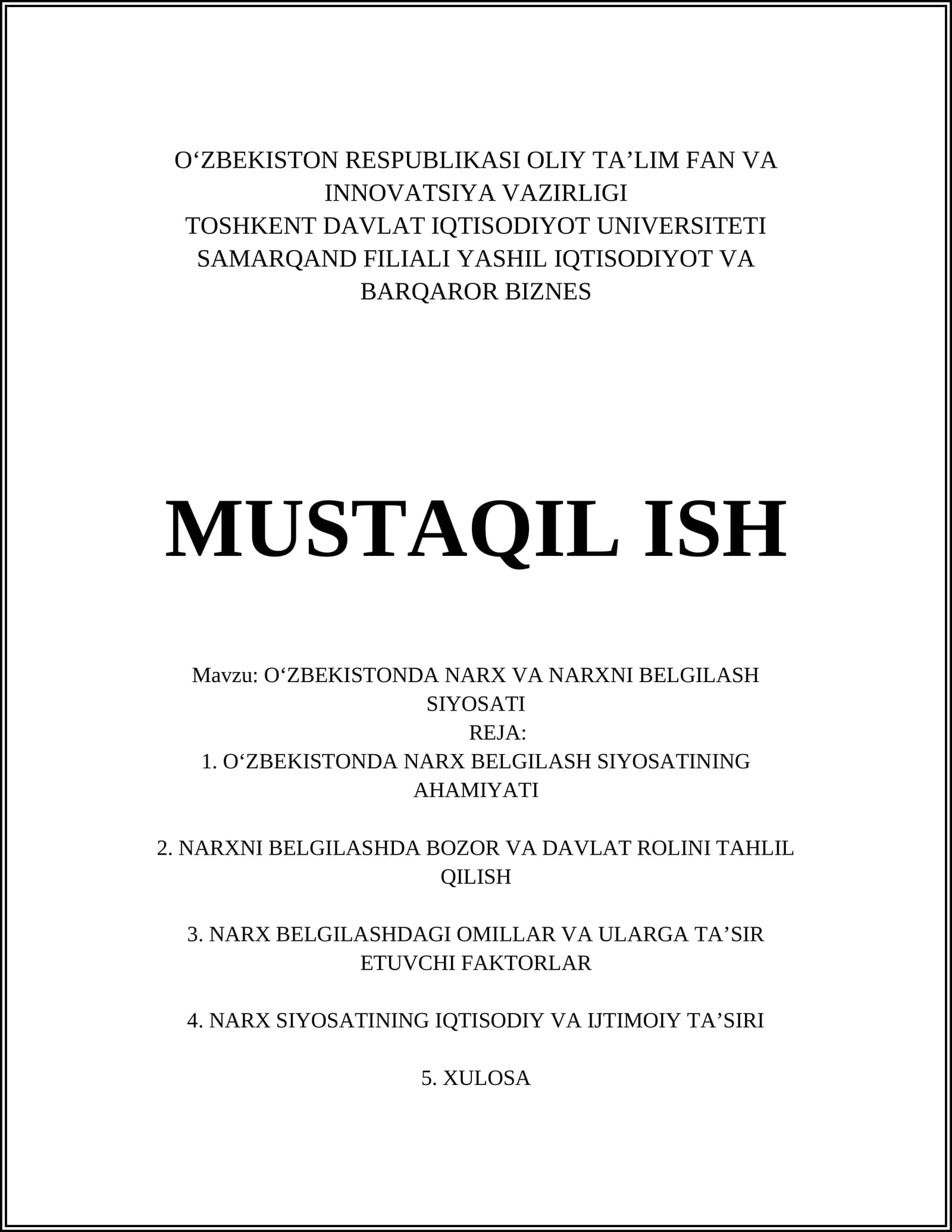 O‘ZBEKISTONDA NARX VA NARXNI BELGILASH SIYOSATI