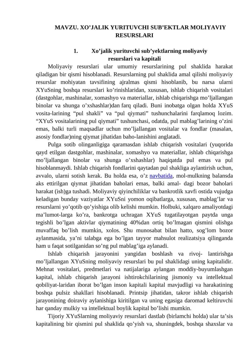 XO’JALIK YURITUVCHI SUB’EKTLAR MOLIYAVIY RESURSLARI