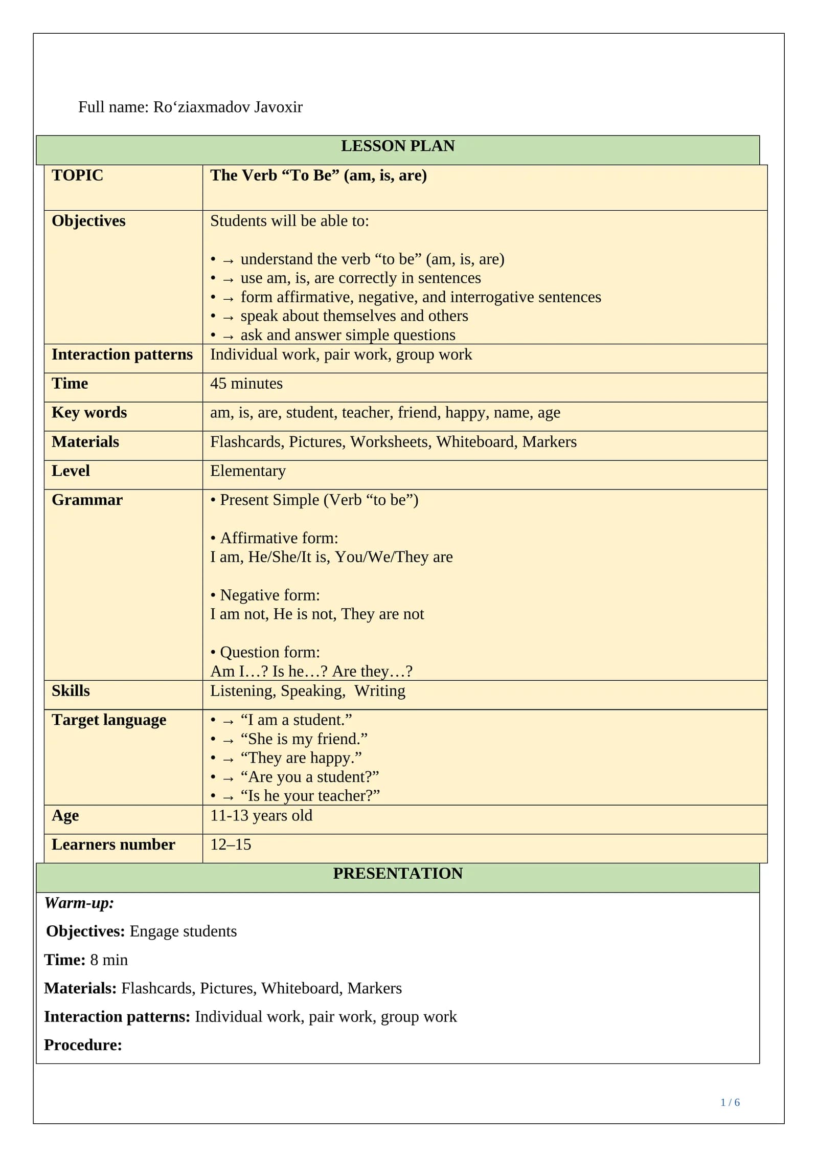 Lesson plan ESP The Verb “To Be”