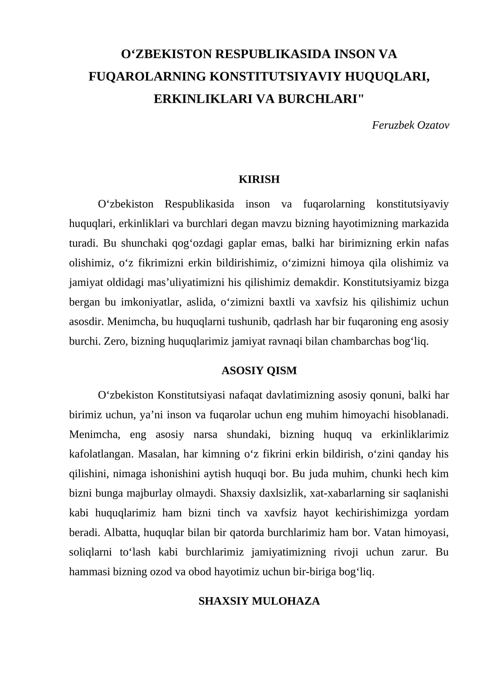 O‘ZBEKISTON RESPUBLIKASIDA INSON VA FUQAROLARNING KONSTITUTSIYAVIY HUQUQLARI, ERKINLIKLARI VA BURCHLARI