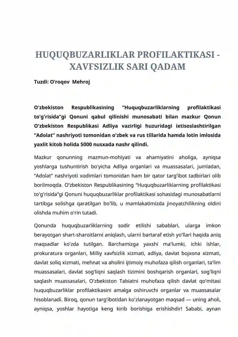 Huquqbuzarliklar Profilaktikasi - Xavfsizlik Sari Qadam