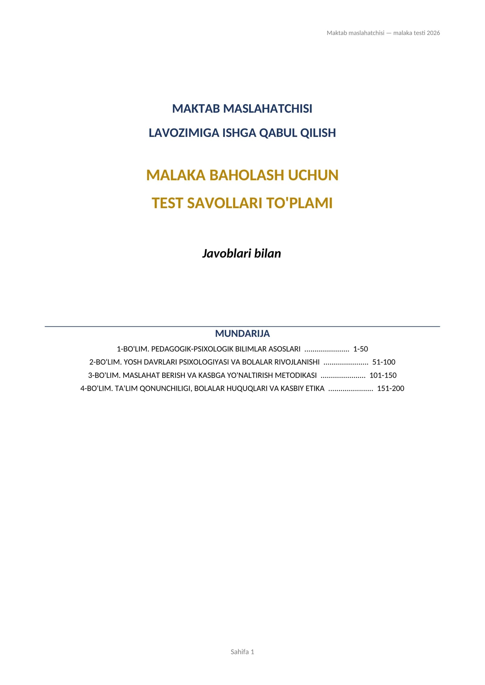 Maktab maslahatchisi test yangi javoblari bilan 4 ta bo'limdan