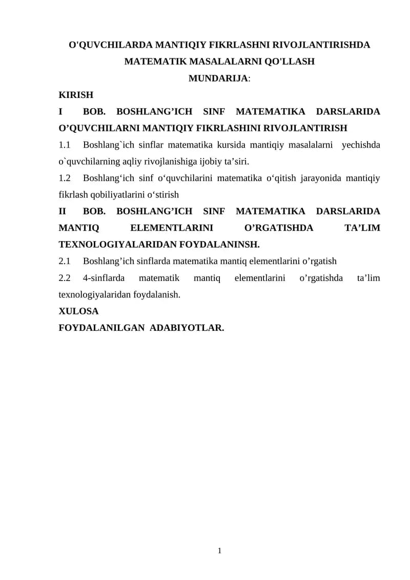 Boshlang'ich sinflar uchun matematika masalalarni o'rgatish