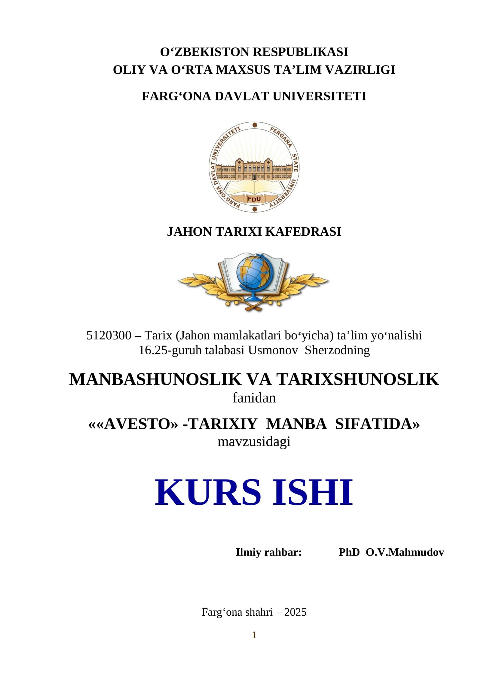 AVESTO» -TARIXIY  MANBA  SIFATIDA