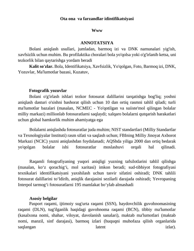 Ota ona va farzandlar idintifikatsiyasi
