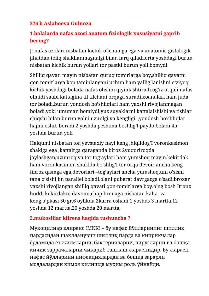 Nafas azosi anatom fiziologik xususiyat