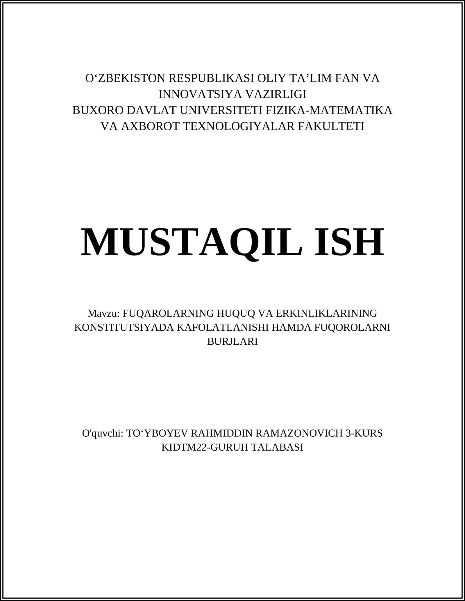 FUQAROLARNING HUQUQ VA ERKINLIKLARINING KONSTITUTSIYADA KAFOLATLANISHI HAMDA FUQOROLARNI BURJLARI
