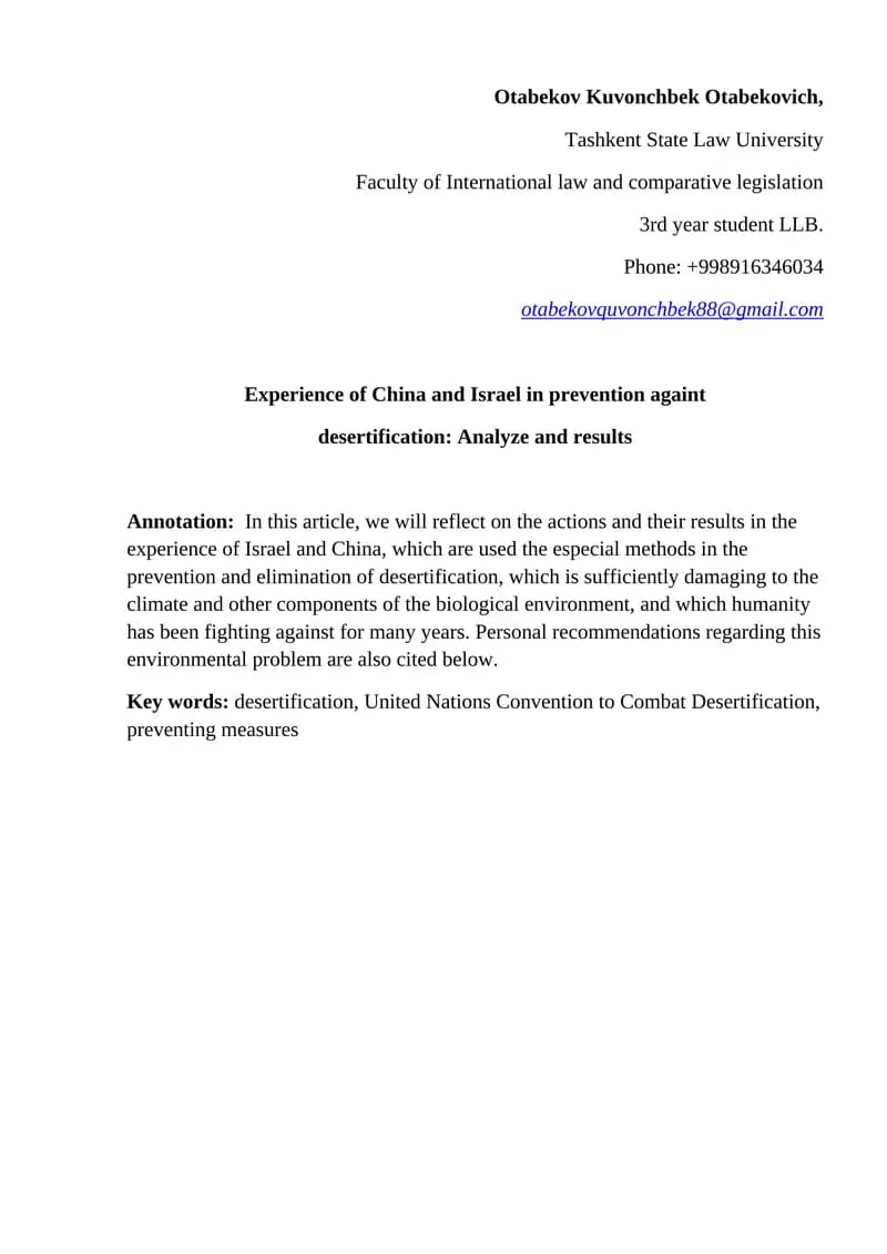 Experience of China and Israel in prevention against desertification: Analyze and results