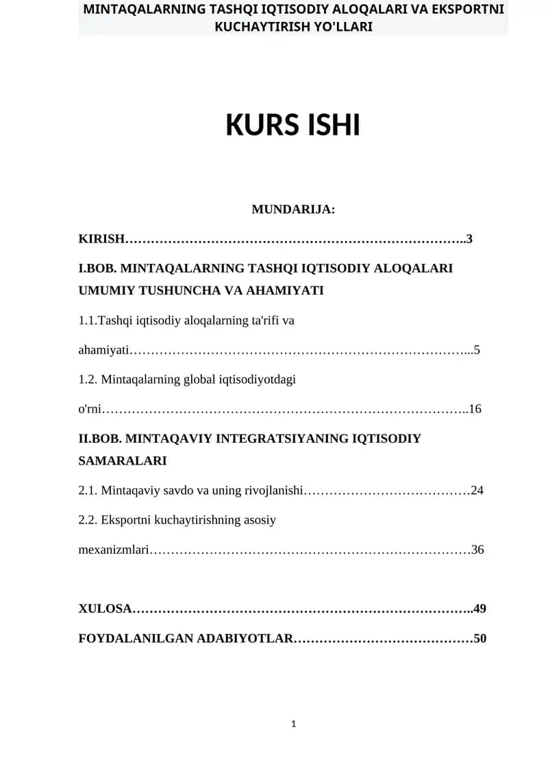 MINTAQALARNING TASHQI IQTISODIY ALOQALARI VA EKSPORTNI KUCHAYTIRISH YO'LLARI KURS ISHI