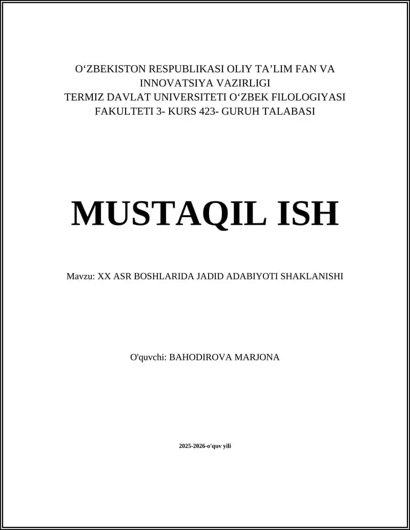 XX ASR BOSHLARIDA JADID ADABIYOTI SHAKLANISHI