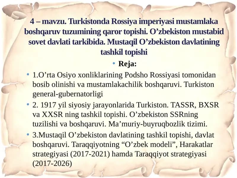 O’rta Osiyo xonliklarining Podsho Rossiyasi tomonidan boshi bolinishi va mustamlakachilik boshqaruvi