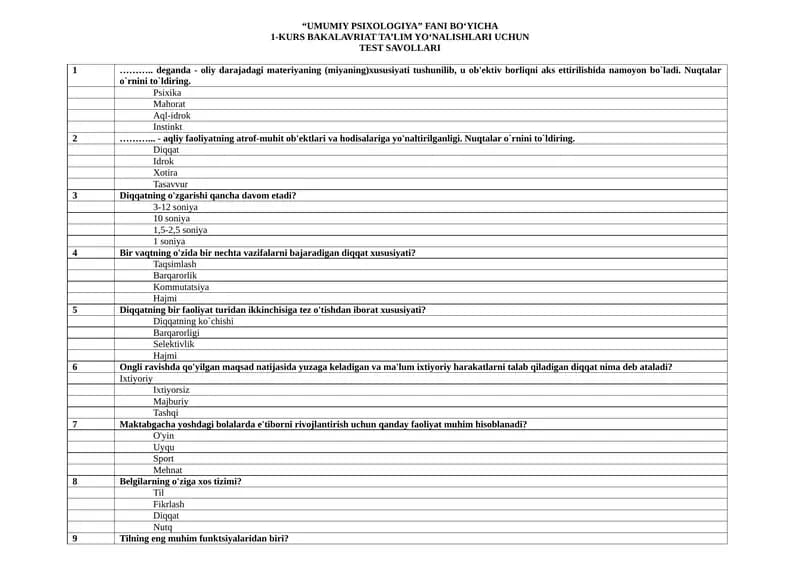 “UMUMIY PSIXOLOGIYA” FANI BO‘YICHA  1-KURS BAKALAVRIAT TA’LIM YO‘NALISHLARI UCHUN  TEST SAVOLLARI