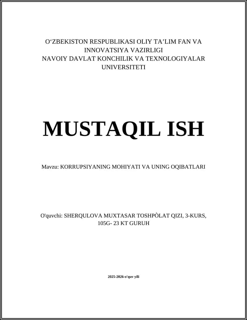 KORRUPSIYANING MOHIYATI VA UNING OQIBATLARI