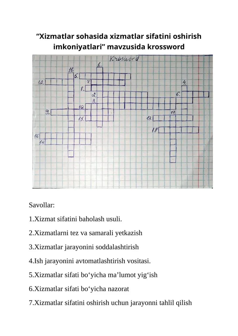 Xizmatlar sohasida xizmatlar sifatini oshirish imkoniyatlari krossword
