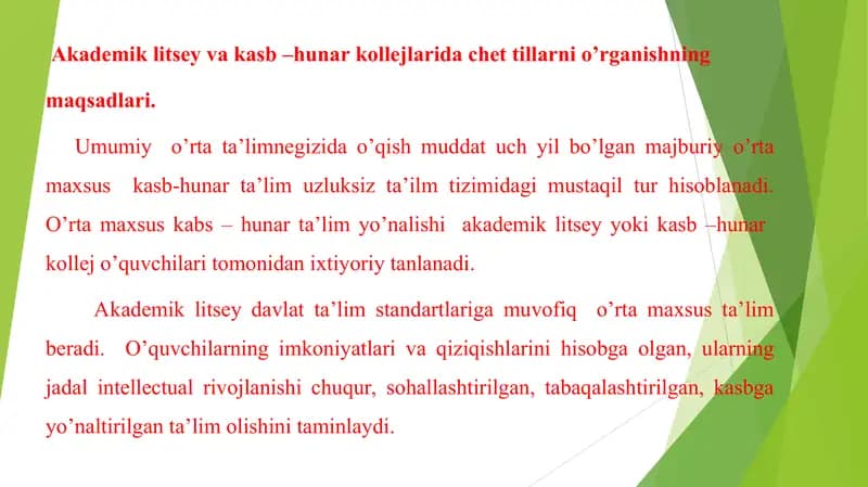 Akademik litsey va kasb –hunar kollejlarida chet tillarni o’rganishning maqsadlari