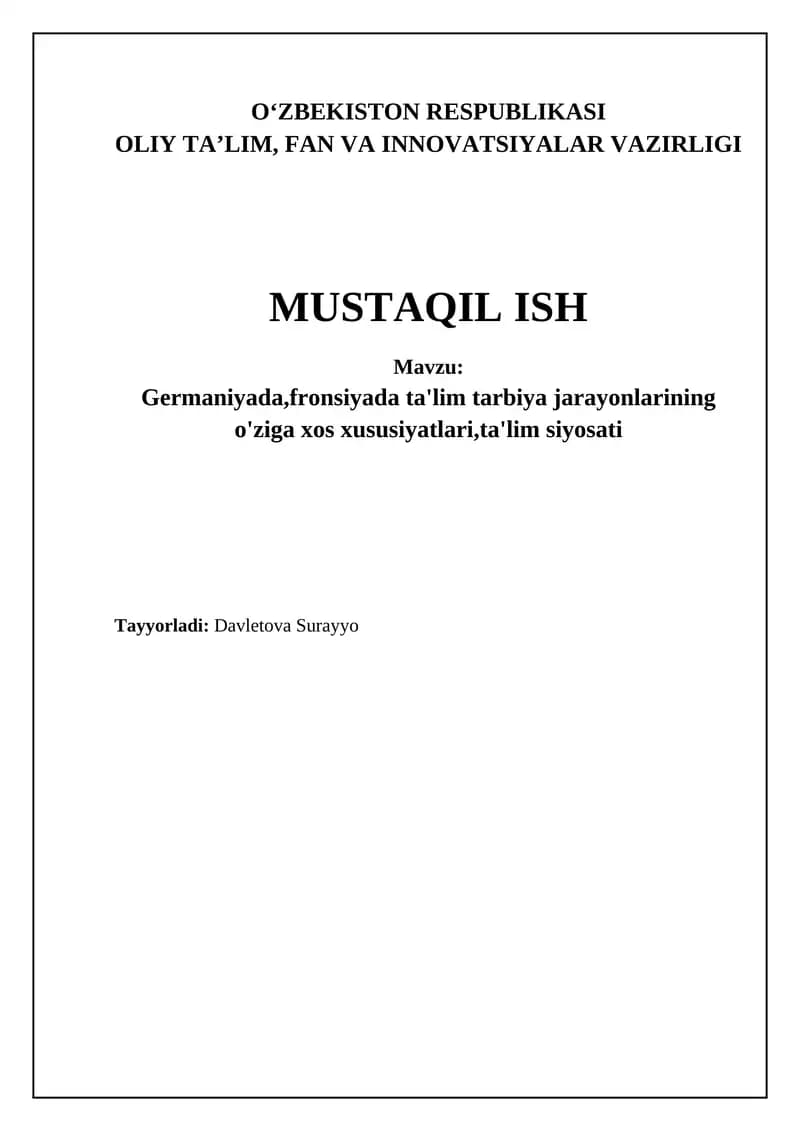 Germaniya va Fransiyada ta'lim tizimining tuzilishi va o'ziga xos xususiyatlari