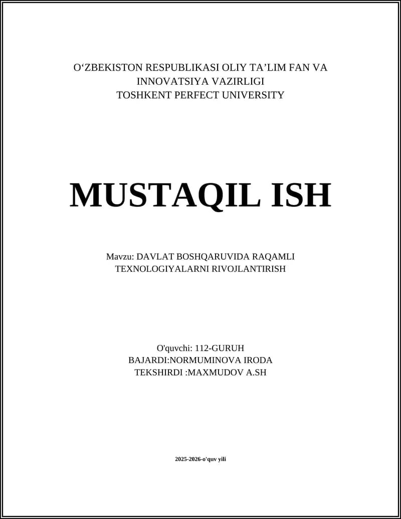 DAVLAT BOSHQARUVIDA RAQAMLI TEXNOLOGIYALARNI RIVOJLANTIRISH