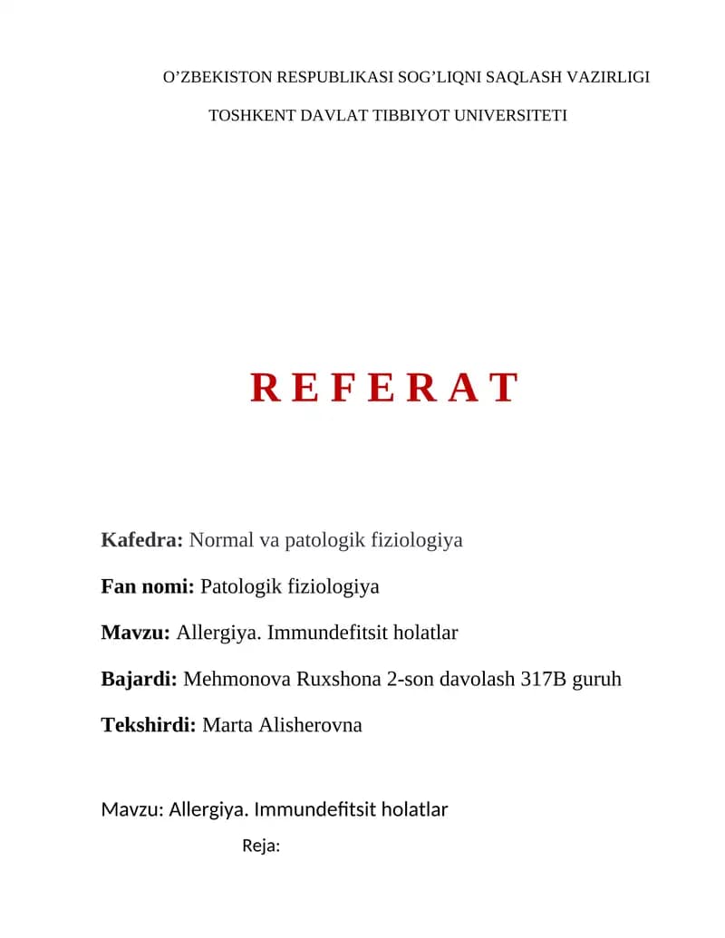 Allergiya. Immundefitsit holatlar.
