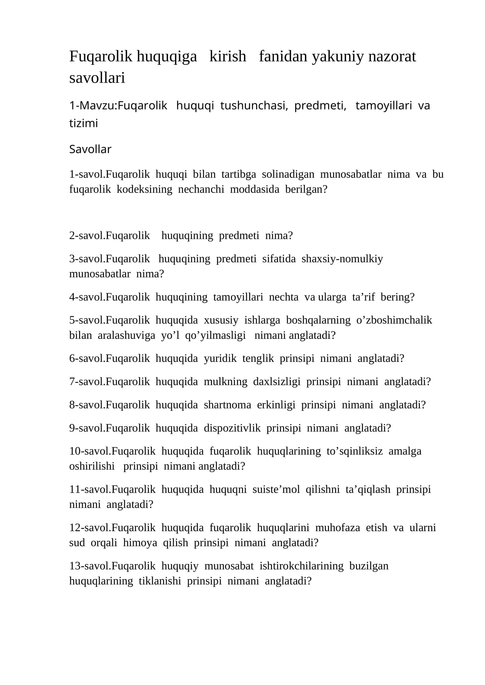 Fuqarolik huquqiga kirish fanidan yakuniy nazorat savollari