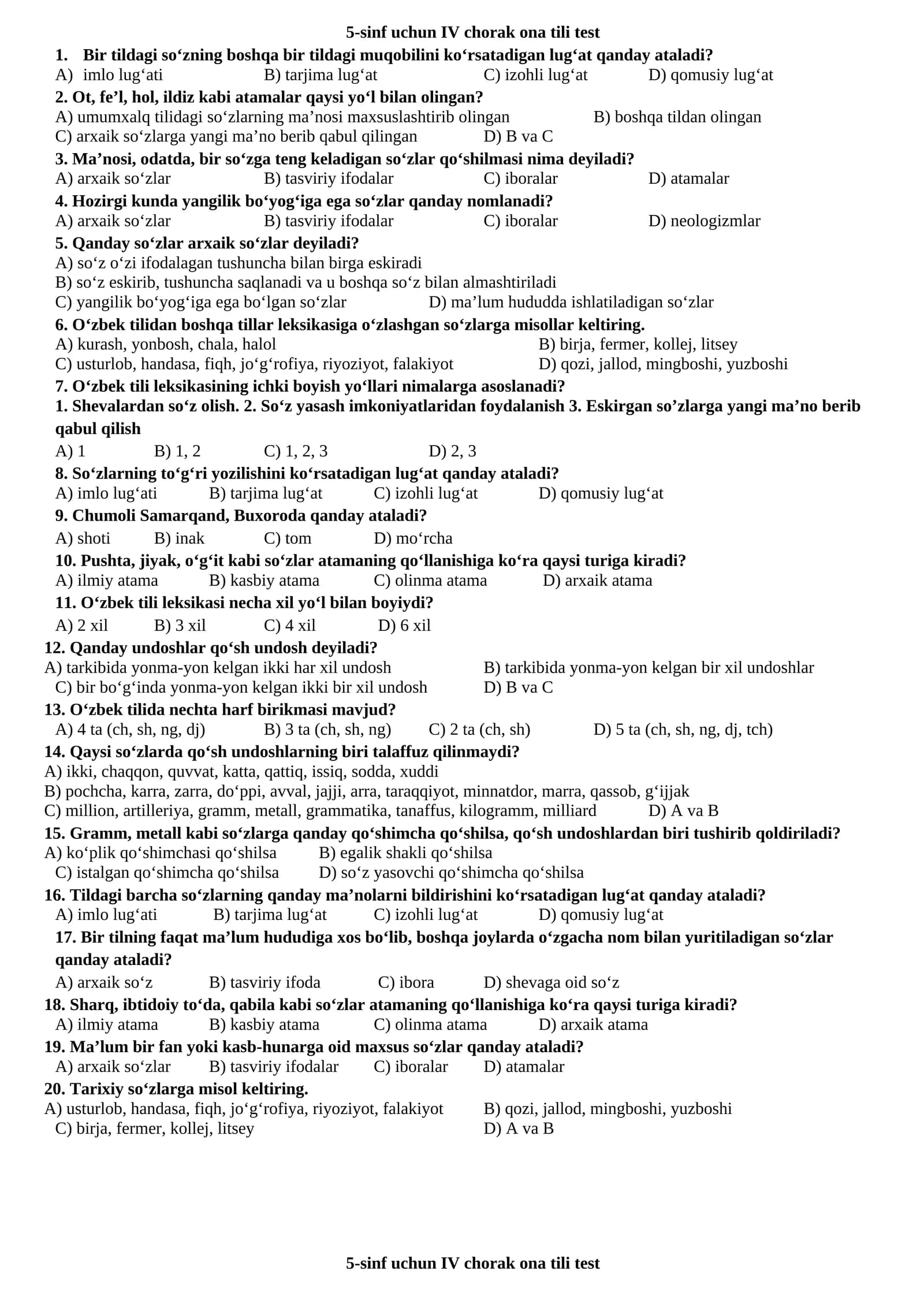 5-sinf uchun IV chorak ona tili test