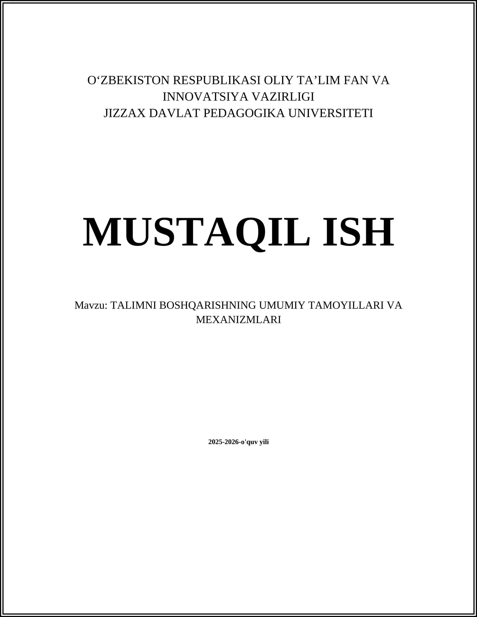 TALIMNI BOSHQARISHNING UMUMIY TAMOYILLARI VA MEXANIZMLARI