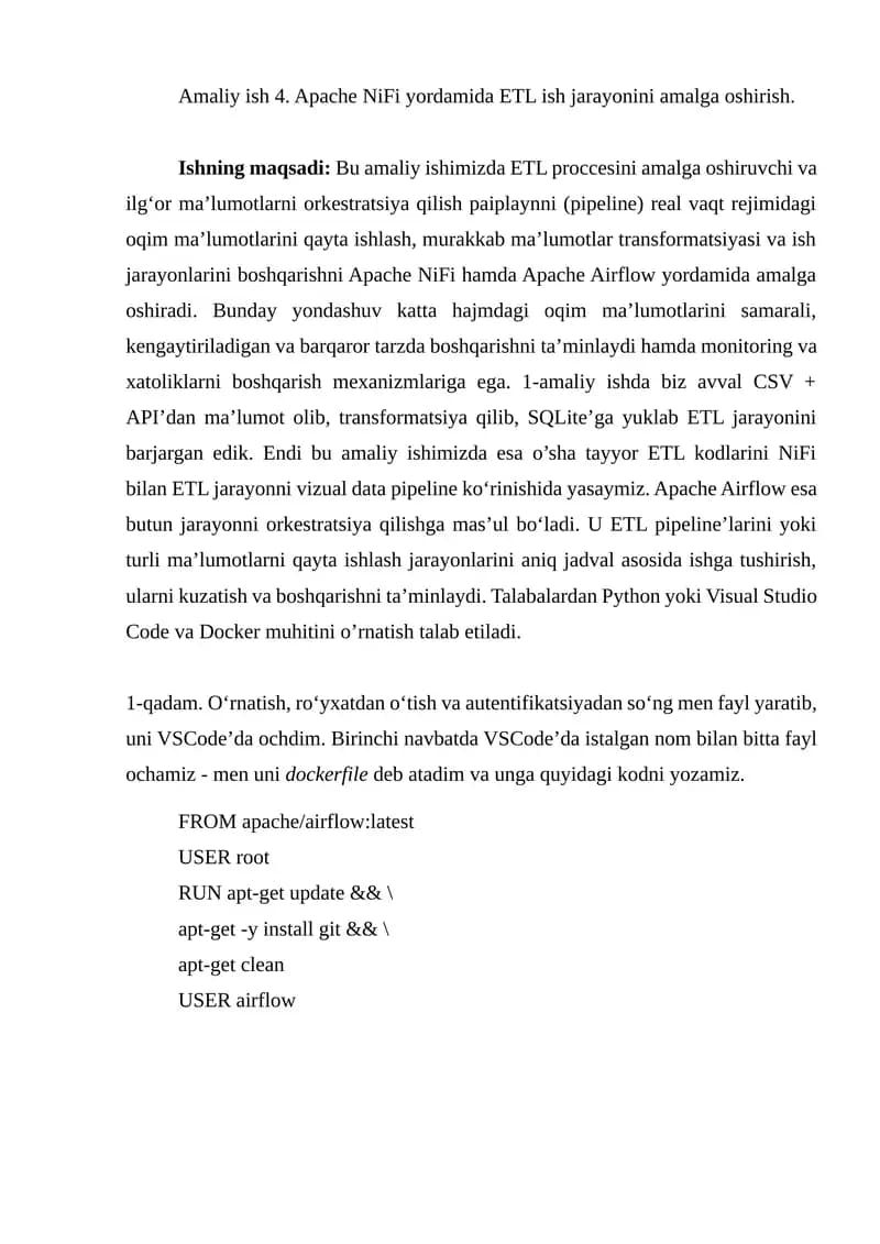 Apache NiFi yordamida ETL ish jarayonini amalga oshirish