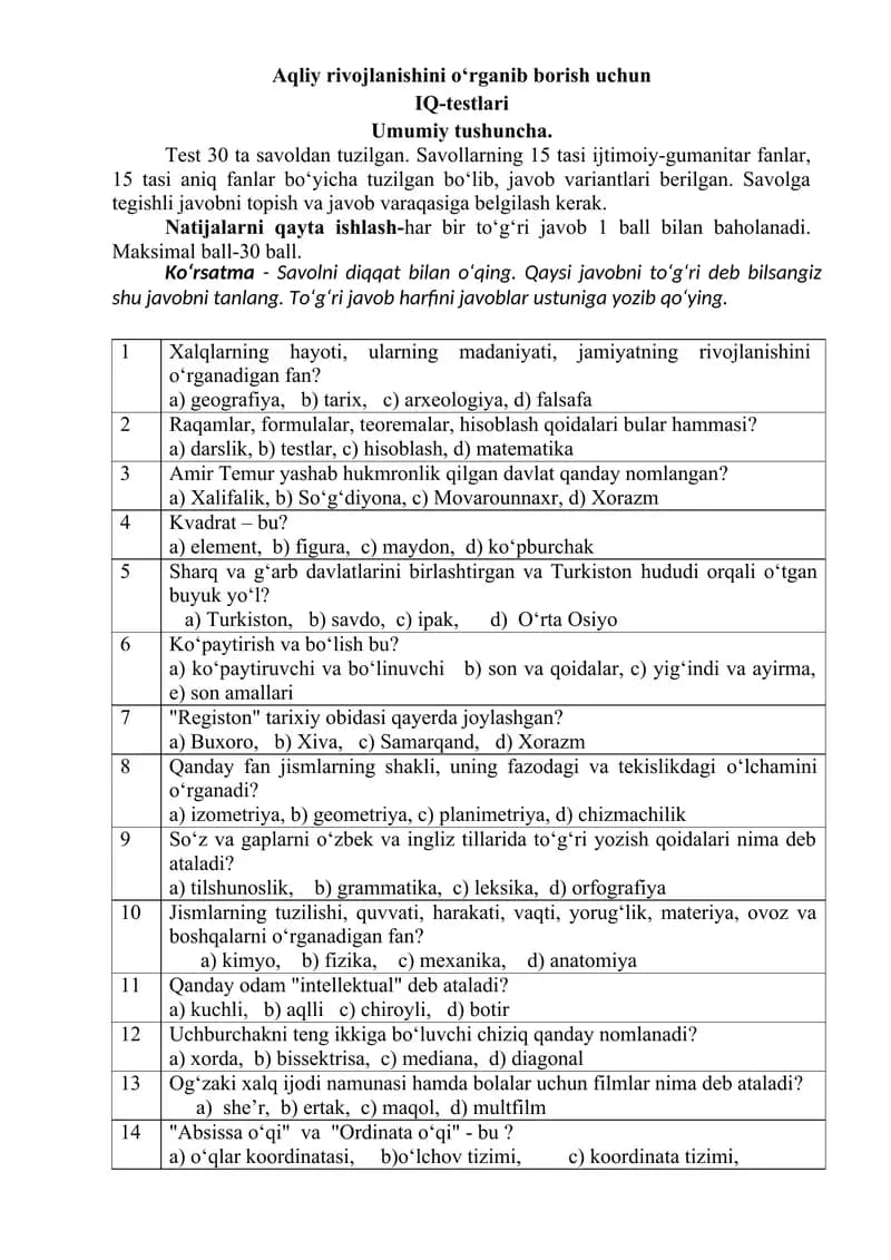 Aqliy rivojlanishini o‘rganib borish uchun IQ-testlari