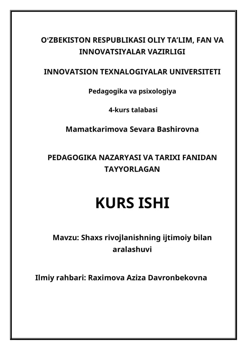 PEDAGOGIKA NAZARYASI VA TARIXI FANIDAN TAYYORLAGAN KURS ISHI