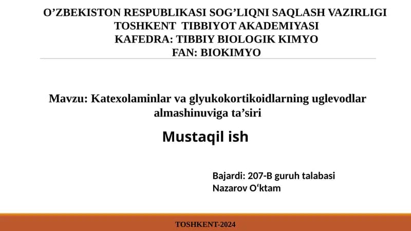 Katexolaminlar va glyukokortikoidlarning uglevodlar almashinuvi gata'siri