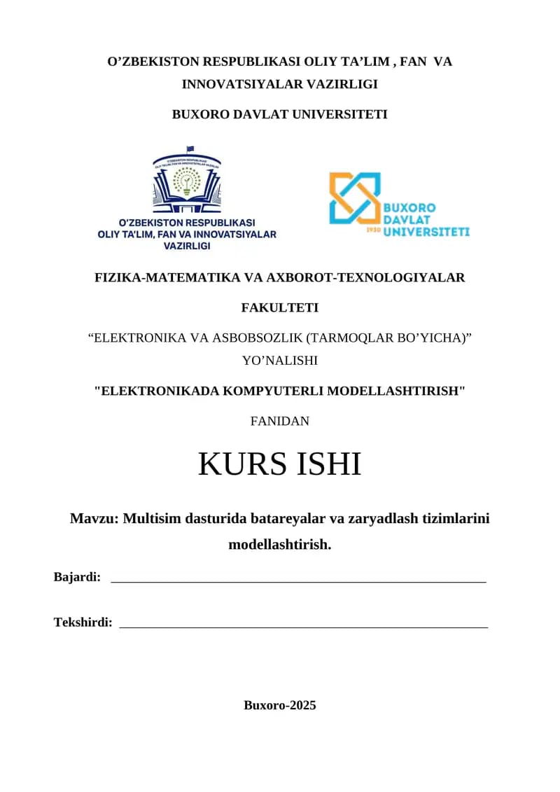 Multisim dasturida batareyalar va zaryadlash tizimlarini modellashtirish