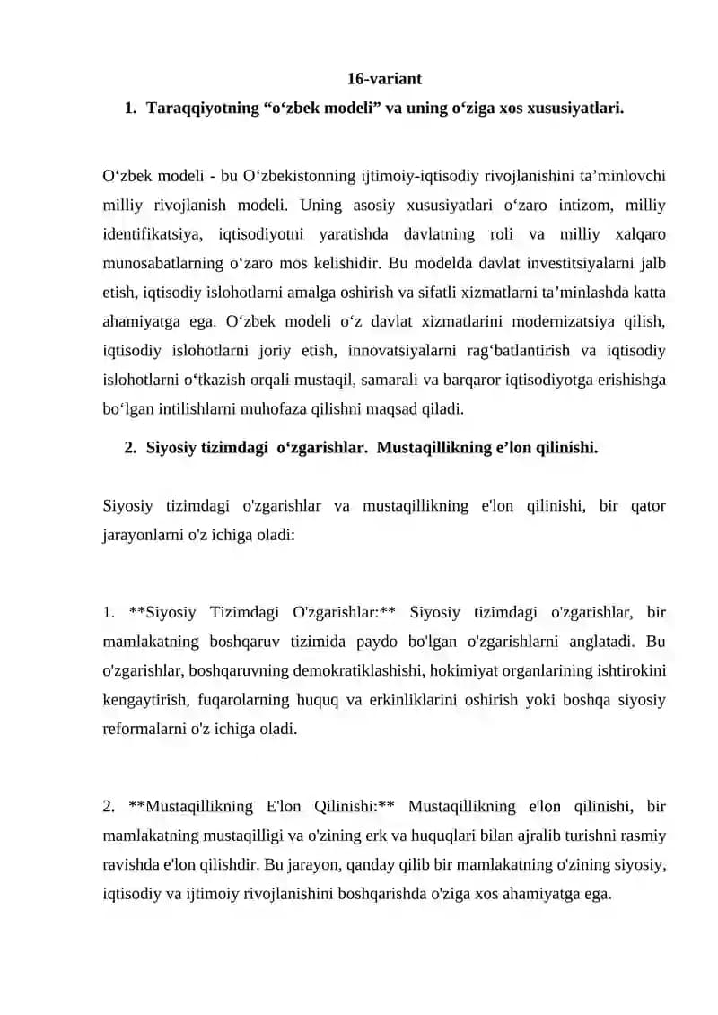 O‘zbek modeli va Mustaqillikning eʼlon qilinishi