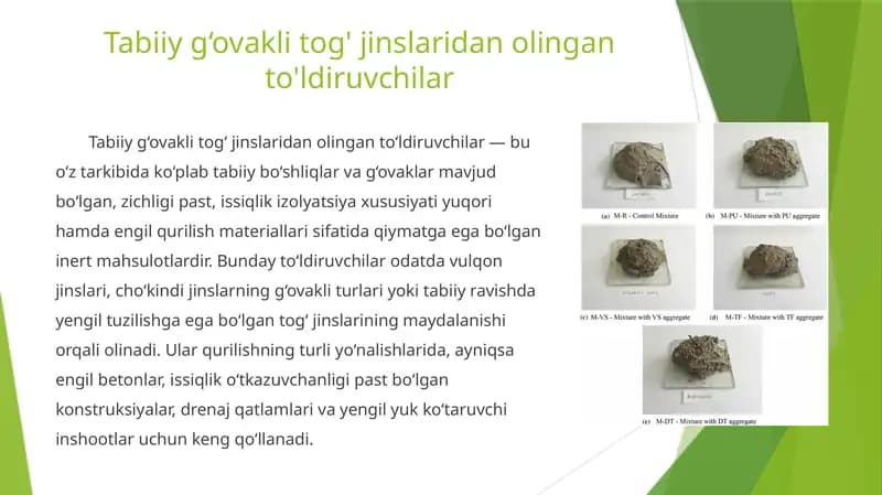 Tabiiy g‘ovakli tog' jinslaridan olingan to'ldiruvchilar