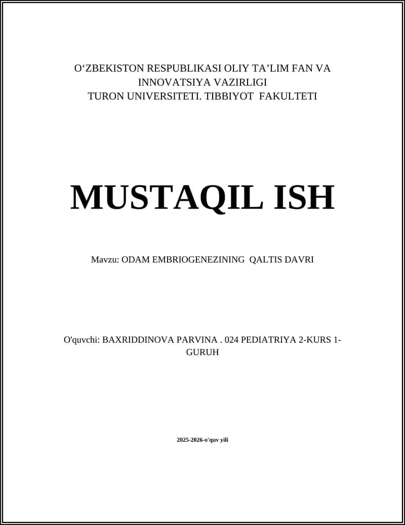 ODAM EMBRIOGENEZINING QALTIS DAVRI