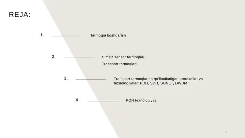 Transport tarmoqlarida qo’llaniladigan protokollar va texnologiyalar: PDH, SDH, SONET, DWDM