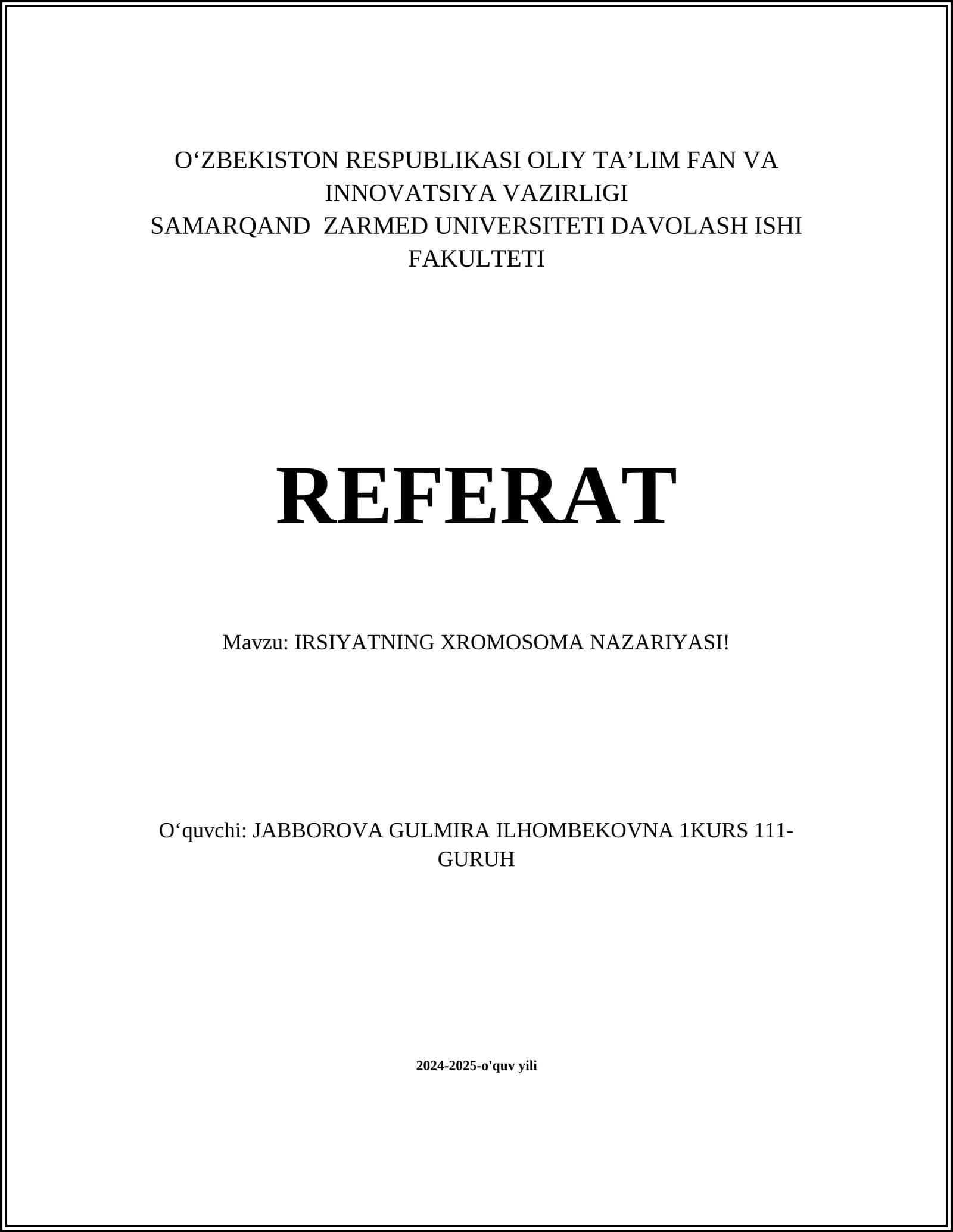 IRSIYATNING XROMOSOMA NAZARIYASI