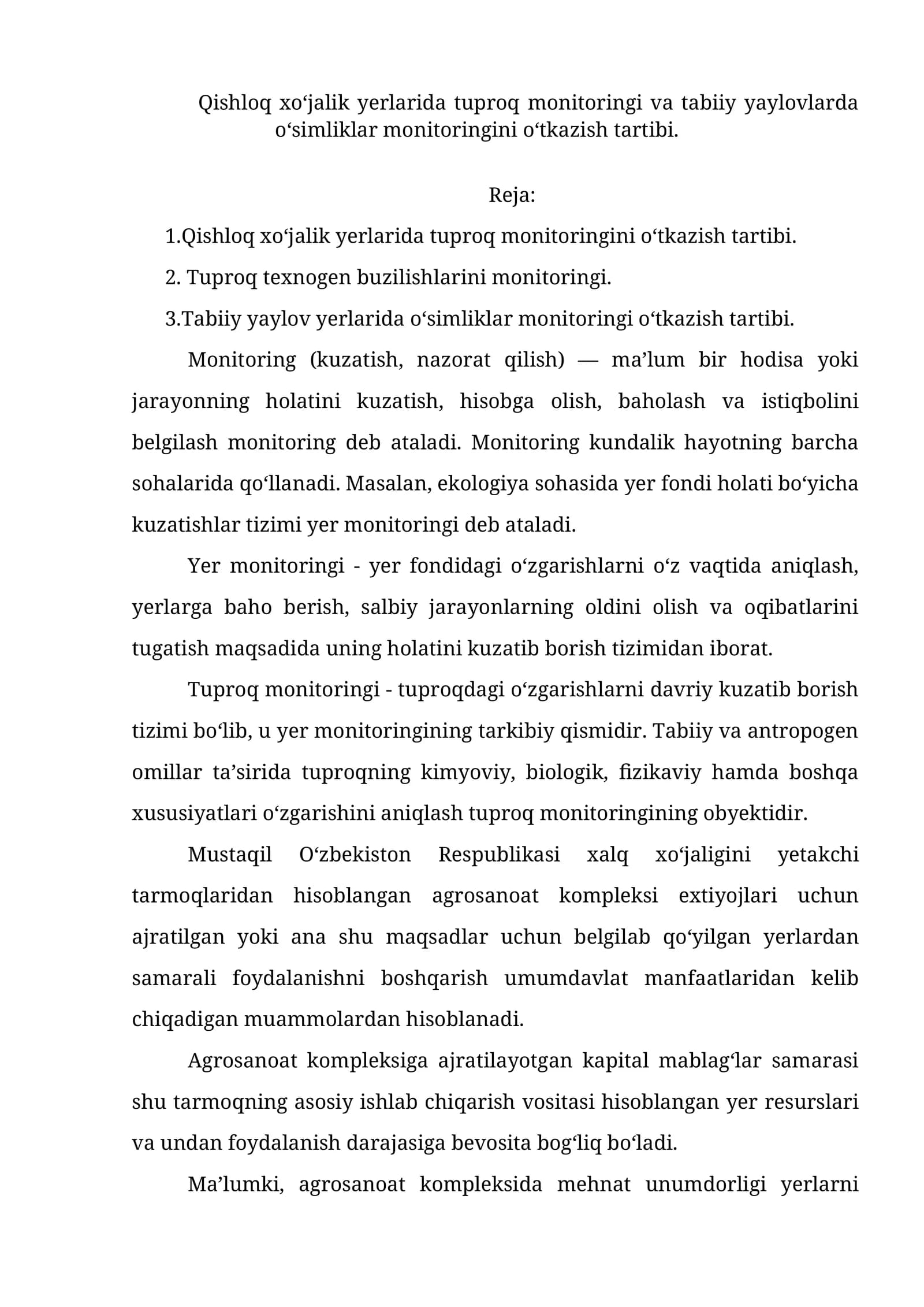 Tuproq va o‘simliklar monitoringi
