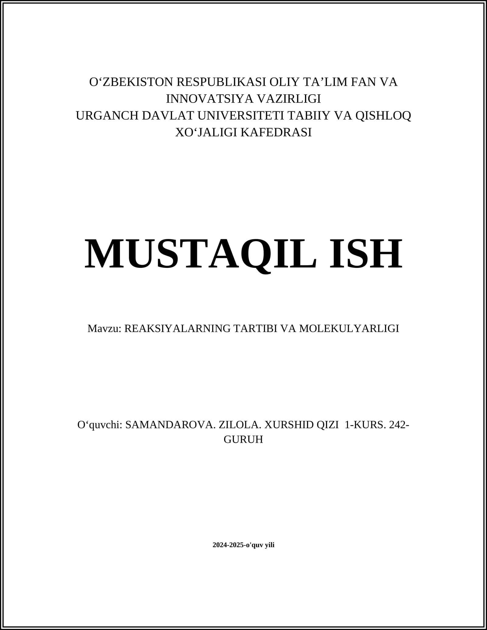REAKSIYALARNING TARTIBI VA MOLEKULYARLIGI
