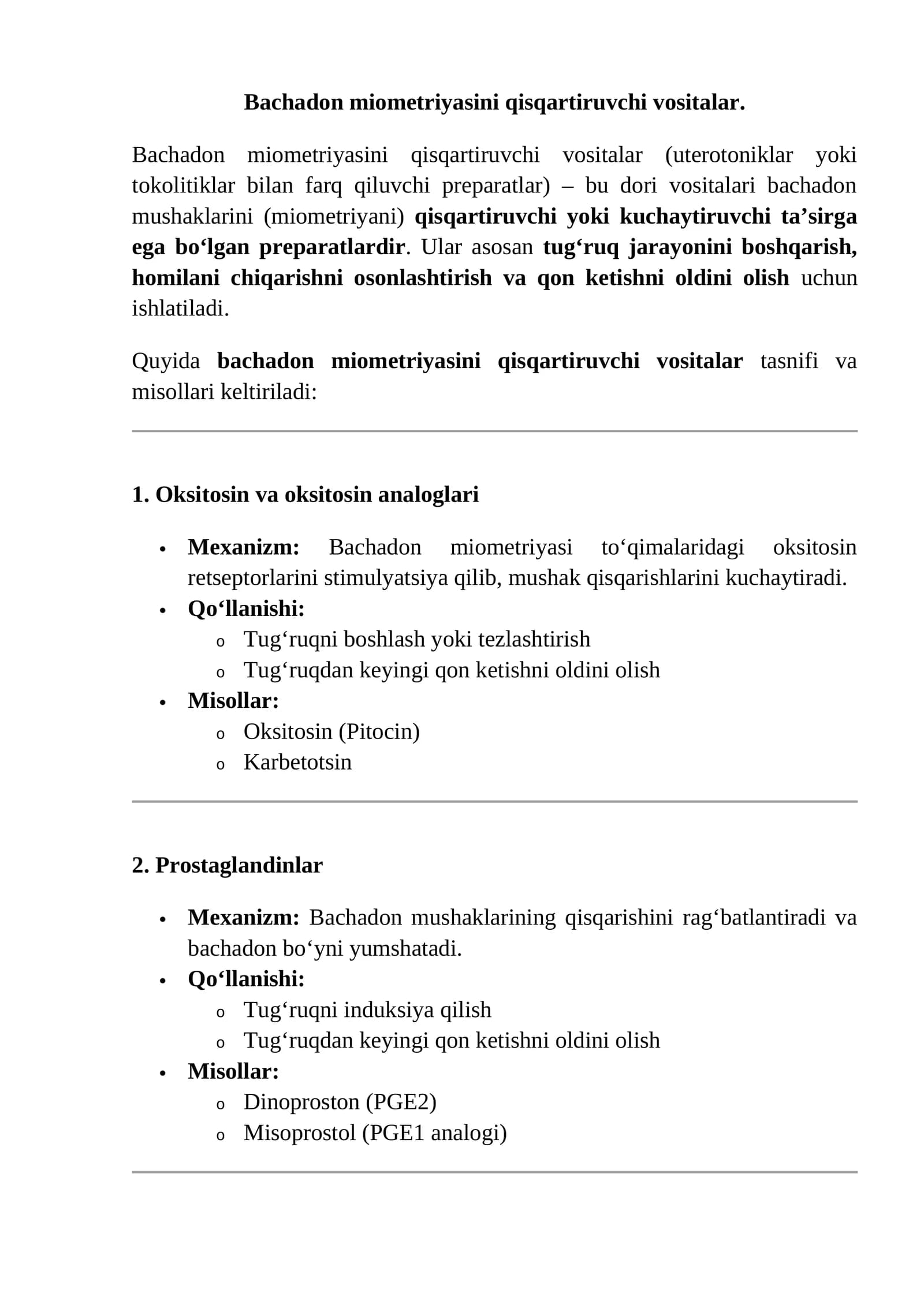 Bachadon miometriyasini qisqartiruvchi vositalar