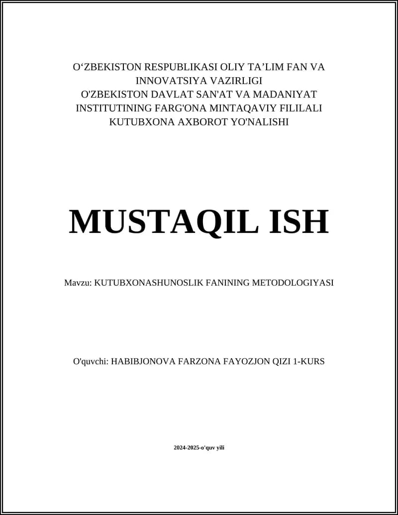 KUTUBXONASHUNOSLIK FANINING METODOLOGIYASI
