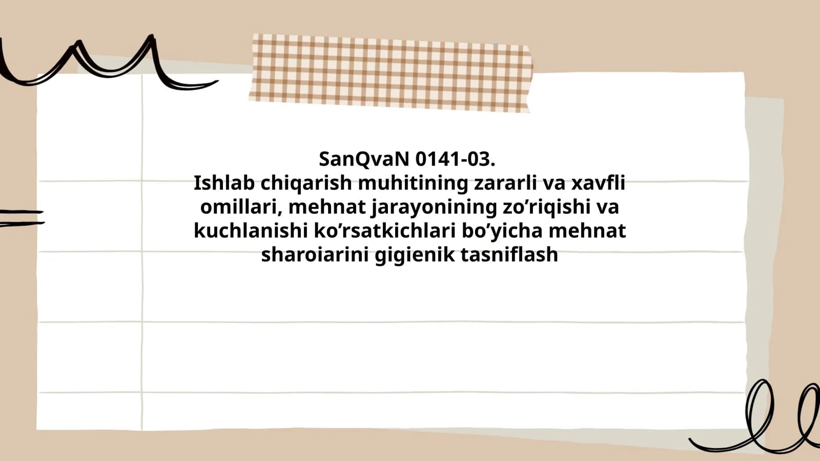 Ishlab chiqarish muhitining zararli va xavfli omillari, mehnat jarayonining zo’riqishi va kuchlanishi ko’rsatkichlari bo’yicha mehnat sharoiarini gigienik tasniflash