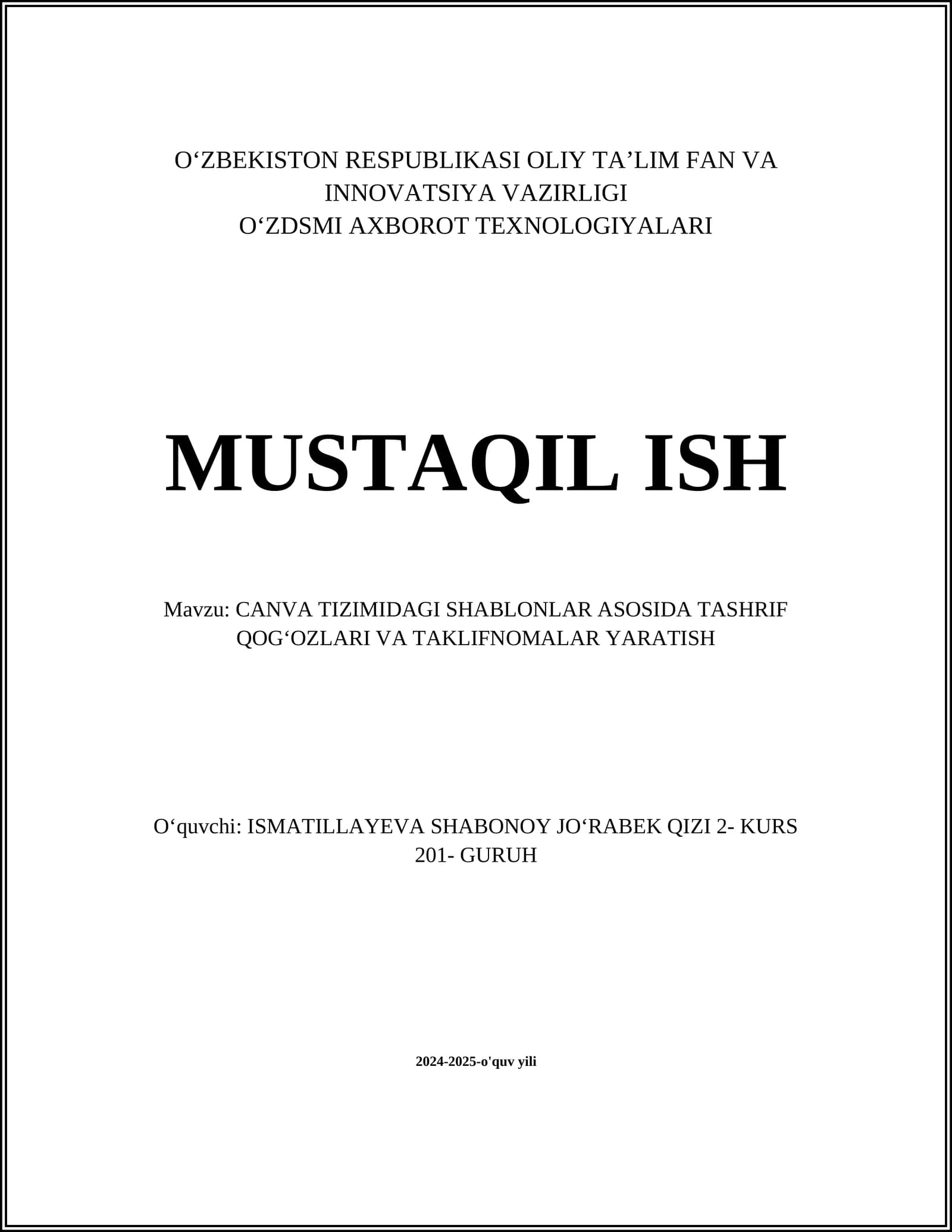 CANVA TIZIMIDAGI SHABLONLAR ASOSIDA TASHRIF QOGʻOZLARI VA TAKLIFNOMALAR YARATISH